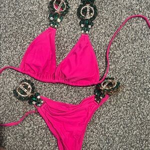 Pink Embellished Bikini Set